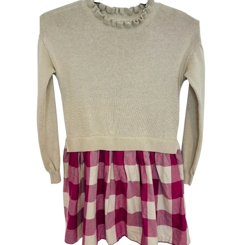 GAP KIDS 2-in-1 SWEATER DRESS, TAN & CRANBERRY PLAID, SIZE L